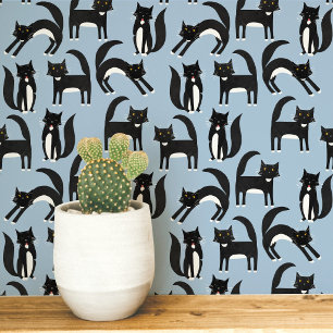 Black and White Tuxedo Cat Blue Art Wallpaper