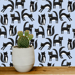 Black and White Tuxedo Cat Blue Pattern Wallpaper