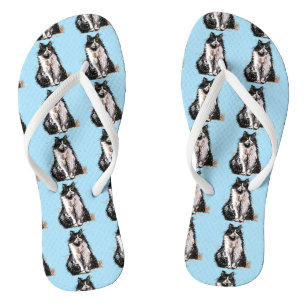 Black and White Tuxedo Cat Cats Cute Blue Flip Flops