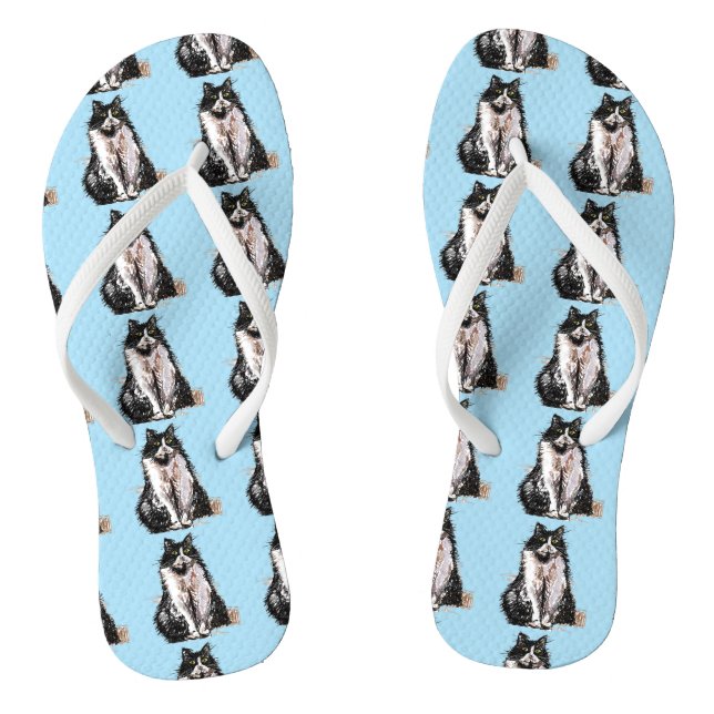 Black and White Tuxedo Cat Cats Cute Blue  Flip Flops (Footbed)