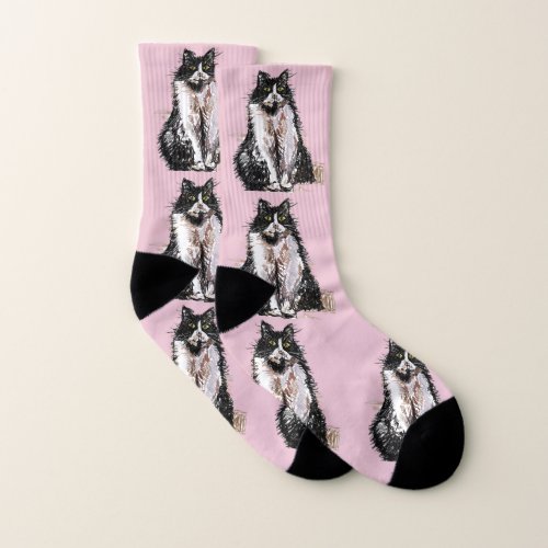 Black and White Tuxedo Cat Cats Cute Pink Socks