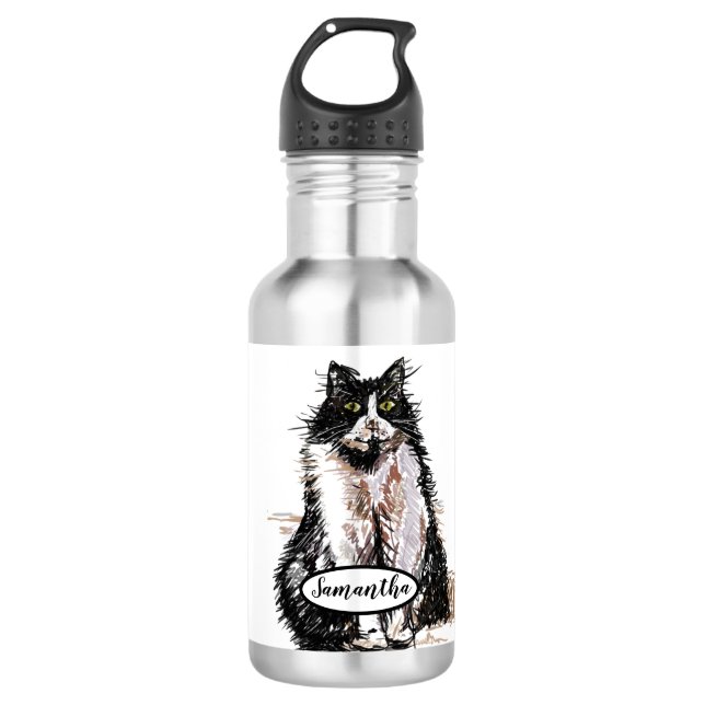 Black and White Tuxedo Cat Cats Water Bottle (Front)