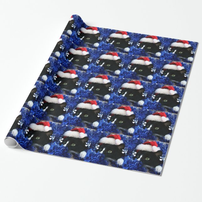 Black and white tuxedo cat christmas hat tinsel wrapping paper (Unrolled)