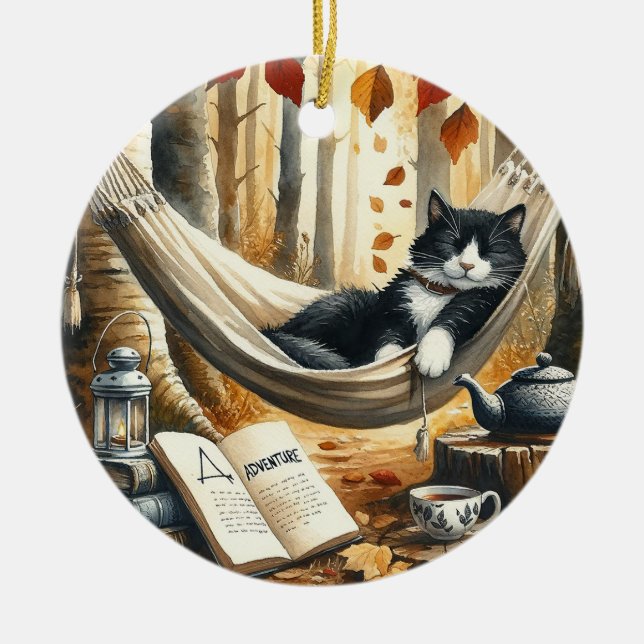 Black and White Tuxedo Cat Dreaming of Adventure Ceramic Ornament (Front)