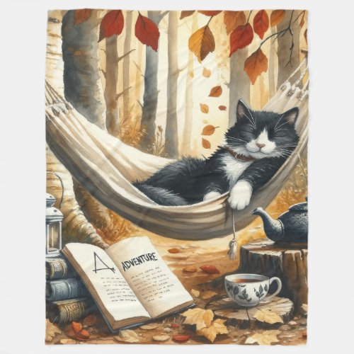 Black and White Tuxedo Cat Dreaming of Adventure Fleece Blanket