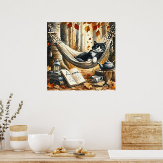 Black and White Tuxedo Cat Dreaming of Adventure Poster