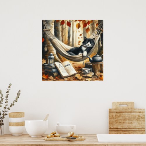 Black and White Tuxedo Cat Dreaming of Adventure Poster