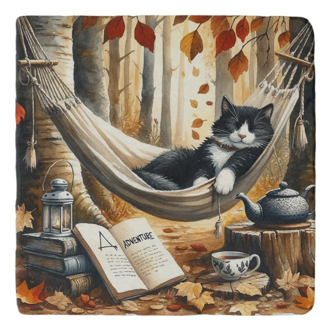 Black and White Tuxedo Cat Dreaming of Adventure Trivet (Front)