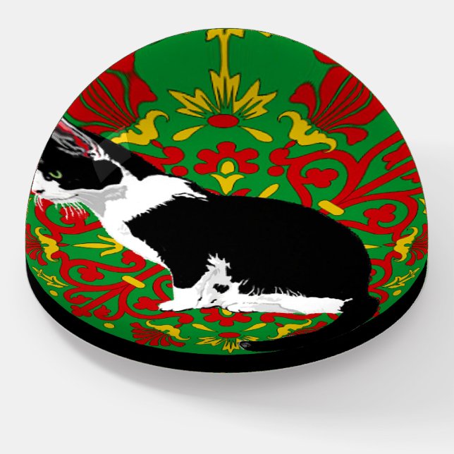 Black and White Tuxedo Cat Fancy Design Paperweight (Angled)