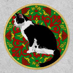 Black and White Tuxedo Cat Fancy Green and Red Patch