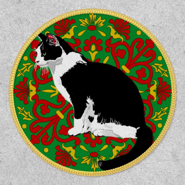 Black and White Tuxedo Cat Fancy Green and Red Patch (Front)