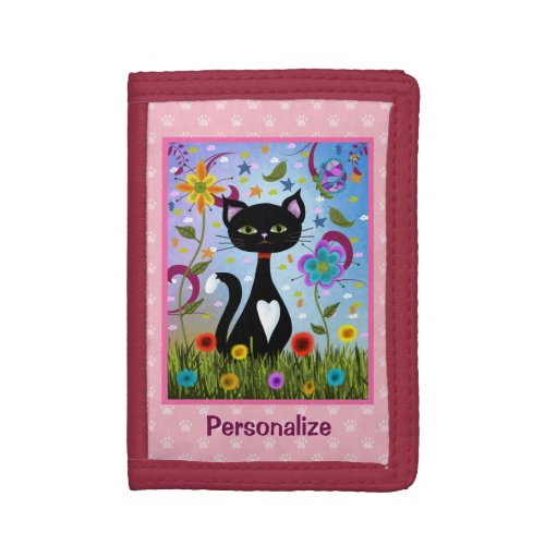 Black And White Tuxedo Cat In A Garden Personalize Trifold Wallet