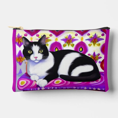 Black and White Tuxedo Cat on a Cushion Accessory Pouch