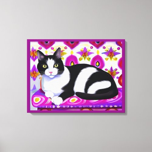 Black and White Tuxedo Cat on a Cushion  Canvas Print