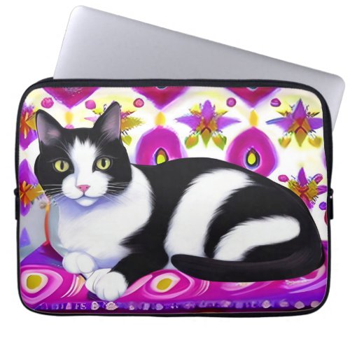 Black and White Tuxedo Cat on a Cushion  Laptop Sleeve
