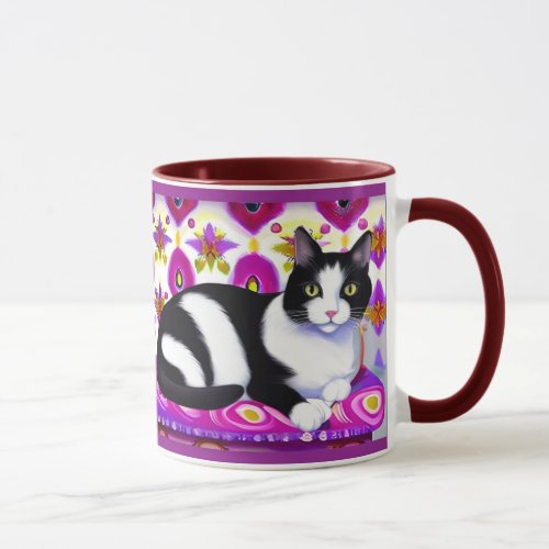 Black and White Tuxedo Cat on a Cushion  Mug