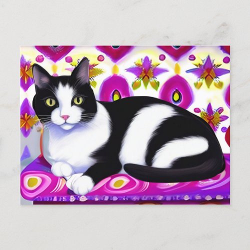 Black and White Tuxedo Cat on a Cushion  Postcard