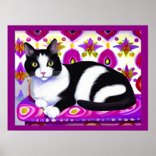 Black and White Tuxedo Cat on a Cushion Poster