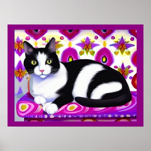 Black and White Tuxedo Cat on a Cushion  Poster