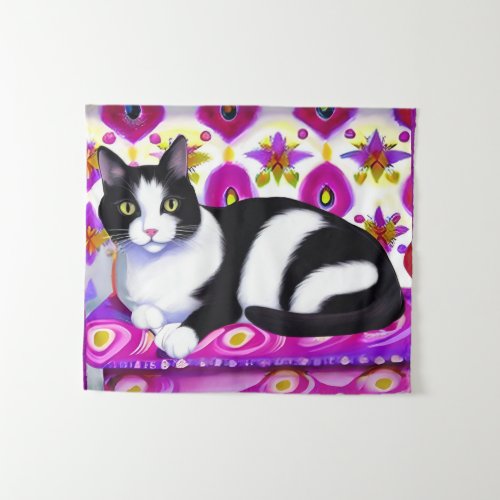 Black and White Tuxedo Cat on a Cushion  Tapestry
