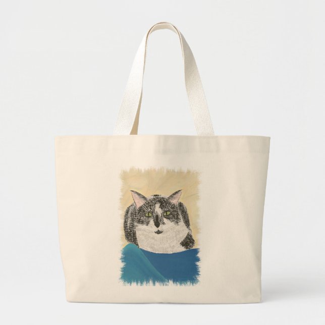 Black and White Tuxedo Cat on Blue, bags (Front)