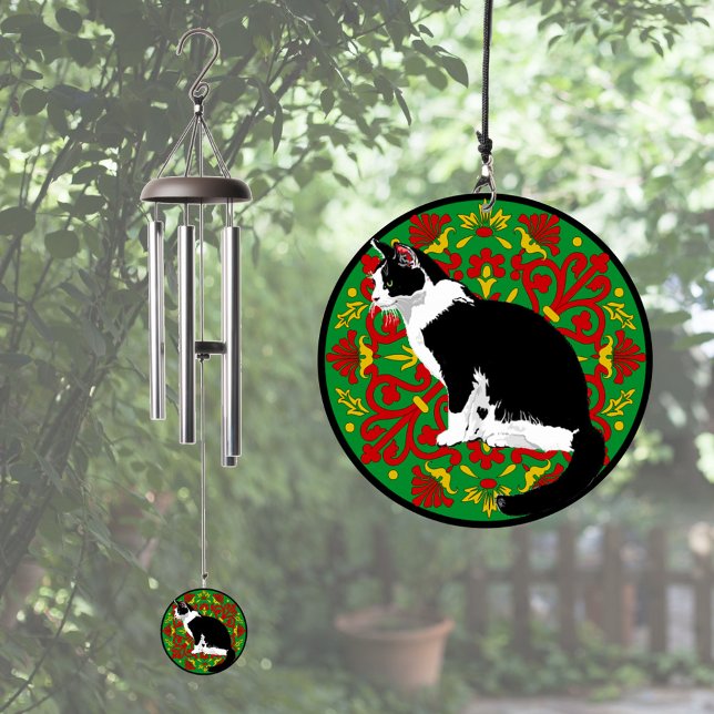 Black and White Tuxedo Cat on Fancy Background Wind Chime (Wind Chime sail featuring a black and white Tuxedo cat on a fancy green and red background.
)