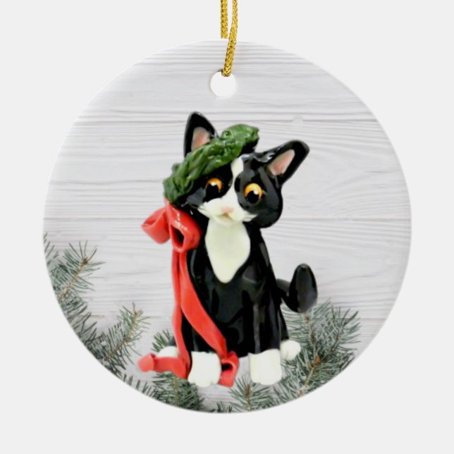 Black and White Tuxedo Cat Ornament (Front)