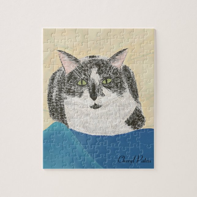 Black and White Tuxedo Cat Painting Puzzle (Vertical)