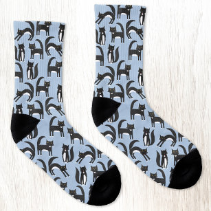 Black and White Tuxedo Cat Pattern Blue Socks