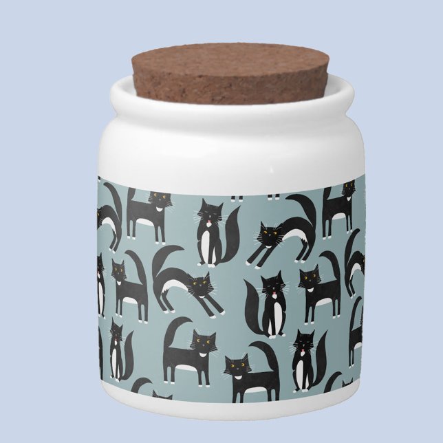 Black and White Tuxedo Cat Pattern Candy Jar (Black and white tuxedo cat pattern candy or cat treat jar)