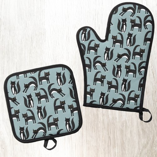 Black and White Tuxedo Cat Pattern Oven Mitt  Pot Holder Set