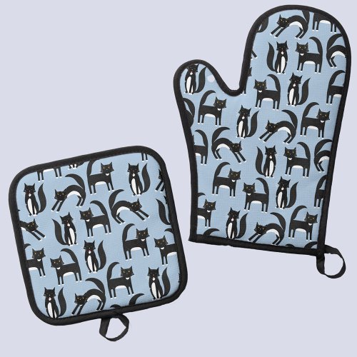 Black and White Tuxedo Cat Pattern Oven Mitt  Pot Holder Set