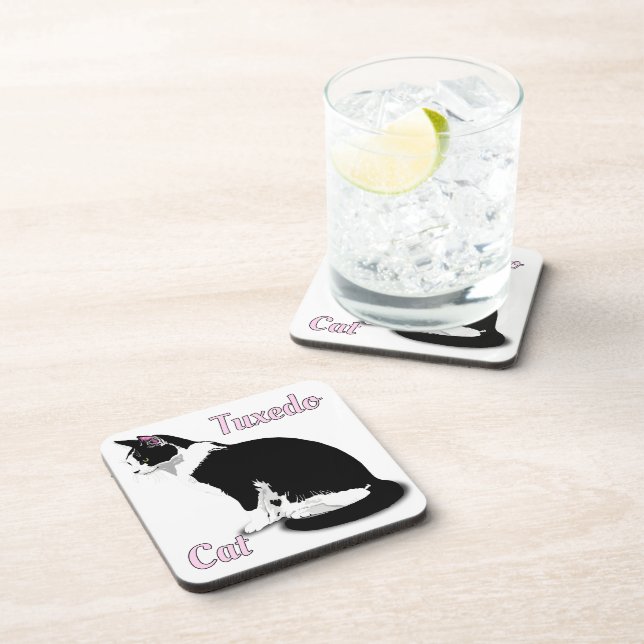 Black and White Tuxedo Cat Personalized Beverage Coaster (Right Side)