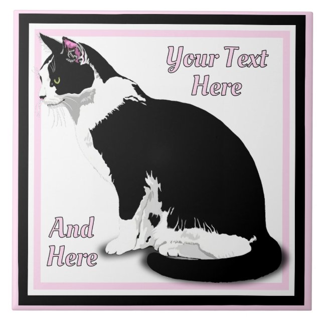 Black and White Tuxedo Cat Personalized Ceramic Tile (Front)