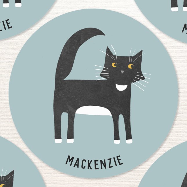 Black and White Tuxedo Cat Personalized Classic Round Sticker (Personalized custom name black and white tuxedo cat stickers)