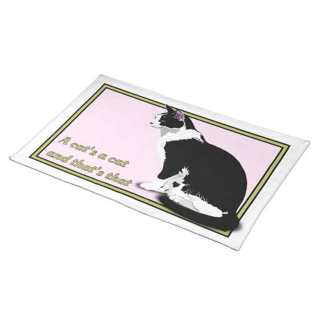 Black and White Tuxedo Cat Personalized Cloth Placemat (On Table)