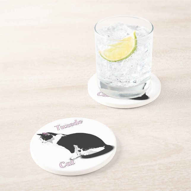 Black and White Tuxedo Cat Personalized Coaster (Side)