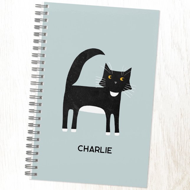 Black and White Tuxedo Cat Personalized Notebook (Fun black and white tuxedo cat personalized custom name notebook for animal lovers)