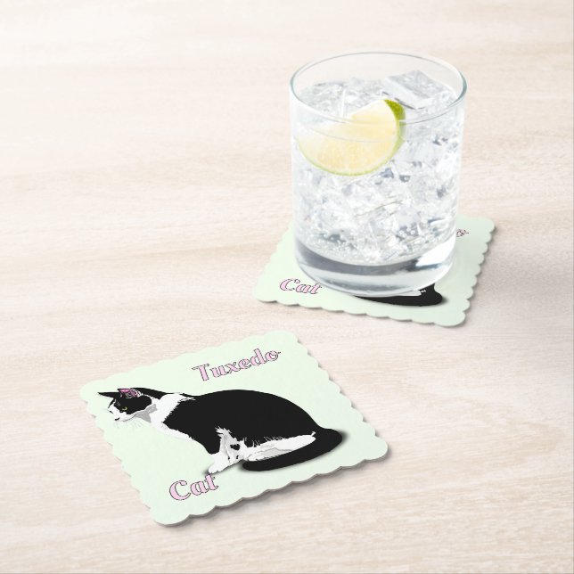 Black and White Tuxedo Cat Personalized Paper Coaster (Insitu)