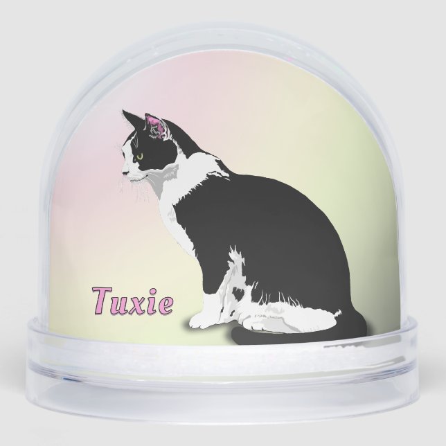 Black and White Tuxedo Cat Personalized Snow Globe (Front)
