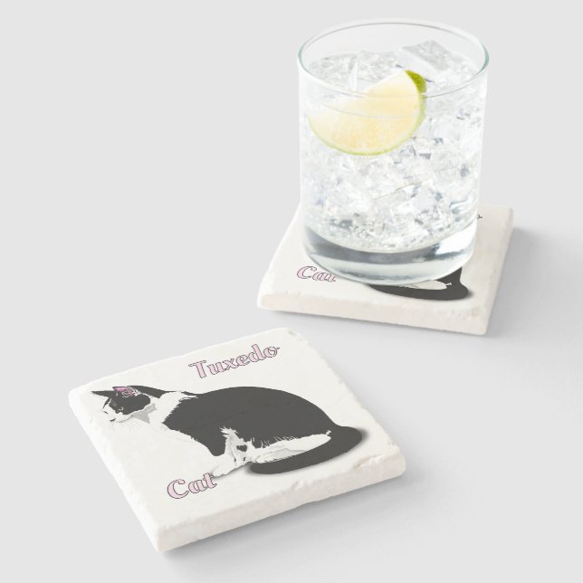 Black and White Tuxedo Cat Personalized Stone Coaster (Side)