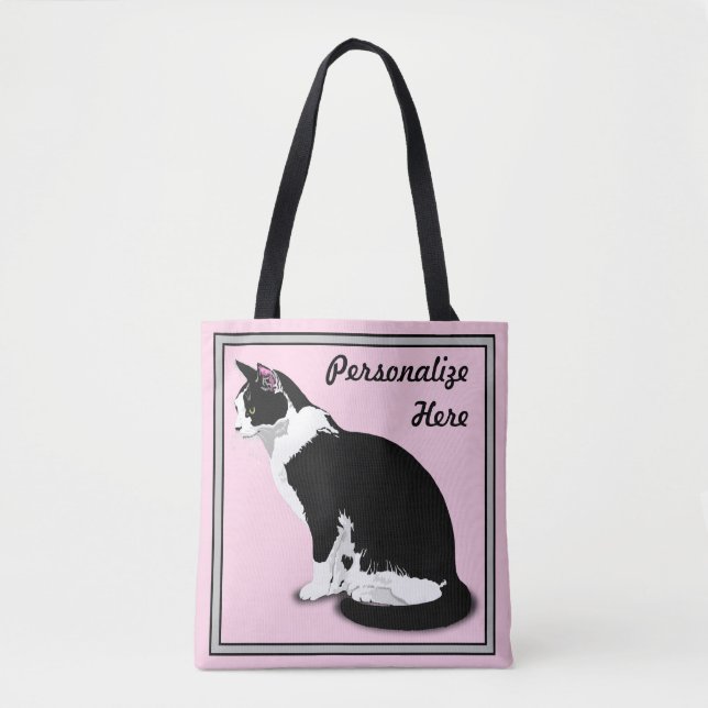 Black and White Tuxedo Cat Personalized Tote Bag (Front)
