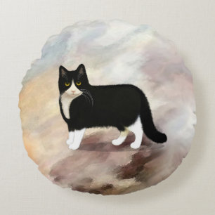 Black and White Tuxedo Cat Round Pillow