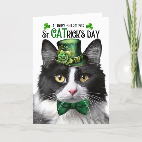 Black and White Tuxedo Cat St CATricks Day Holiday Card