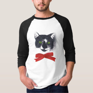 Black and White Tuxedo Cat wearing Red Bow, Tshirt