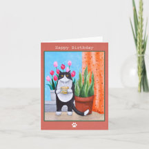 Black and white Tuxedo Cat with coffee Birthday