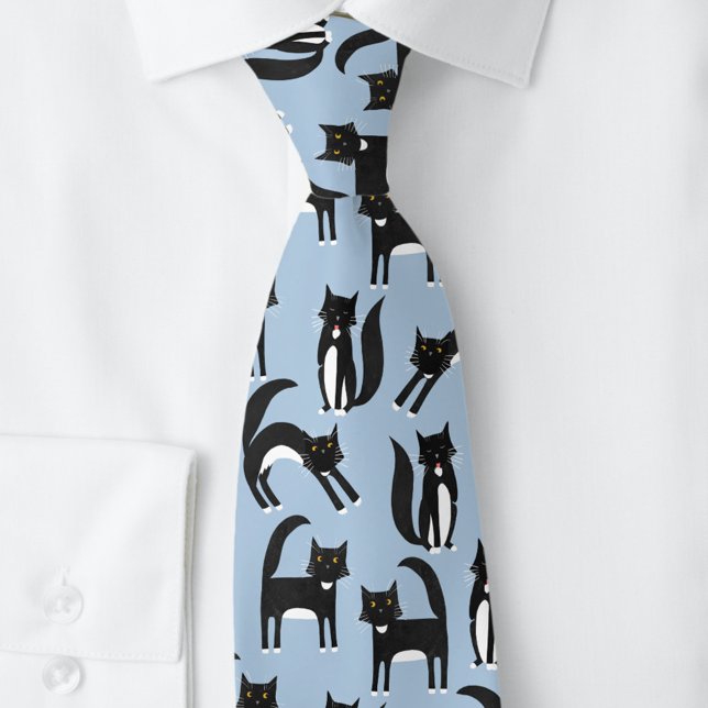 Black and White Tuxedo Cats Blue Neck Tie (Black and white tuxedo bicolor cat pattern neck tie on a light sky blue background)