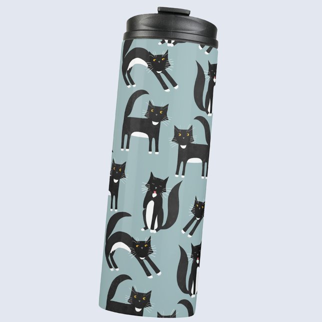 Black and White Tuxedo Cats Thermal Tumbler (Black and white tuxedo cat pattern thermal tumbler water bottle)