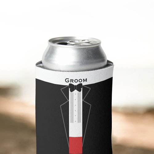 Black and White Tuxedo Groom Wedding Can Cooler