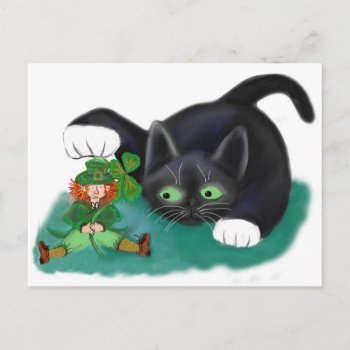 Black And White Tuxedo Kitten Tags His Leprechaun Postcard by Nine_Lives_Studio at Zazzle